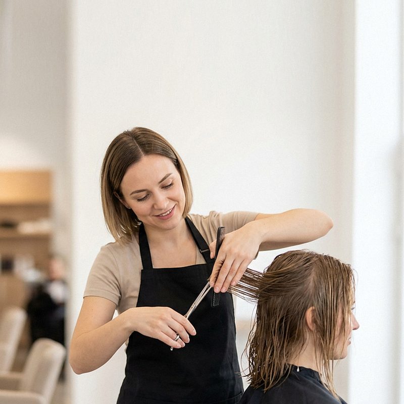 Fryzjerka strzyże klientkę w salonie